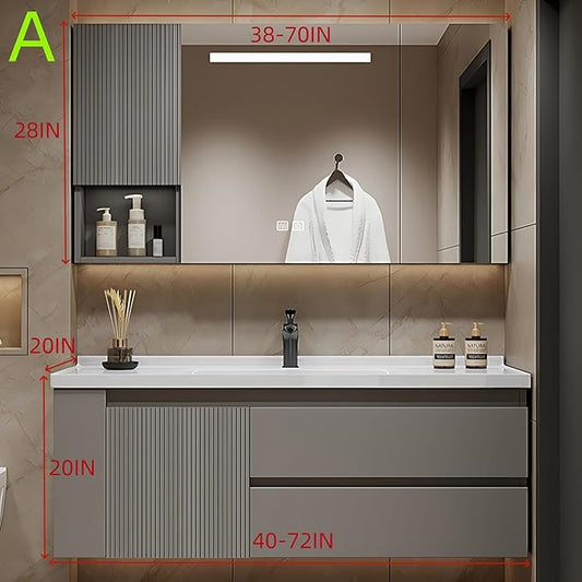 40IN Suspended Bathroom Cabinet Combo Set - Fully Functional LED Mirror with Smart Defogging & Time Display | Bathroom Vanity with Sink,Side Cabinet Storage Compartment (Style A)