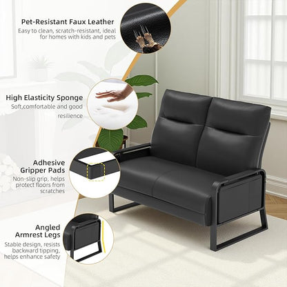 Faux Leather Loveseat Couch for Living Room Bedroom Office, Small Sofa 2 Seater Couch with Flip Up Tray Table Side Pockets Leather Loveseats, Black