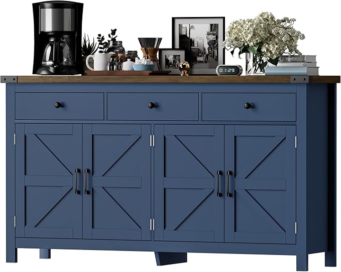 63" Sideboard Buffet Cabinet with Storage, Coffee Bar with 3 Drawers and 4 Barn Doors, Long Wider Storage Cabinet Modern Farmhouse, Blue Wood, for Kitchen, Dining Room, Living Room