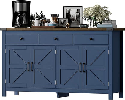 63" Sideboard Buffet Cabinet with Storage, Coffee Bar with 3 Drawers and 4 Barn Doors, Long Wider Storage Cabinet Modern Farmhouse, Blue Wood, for Kitchen, Dining Room, Living Room