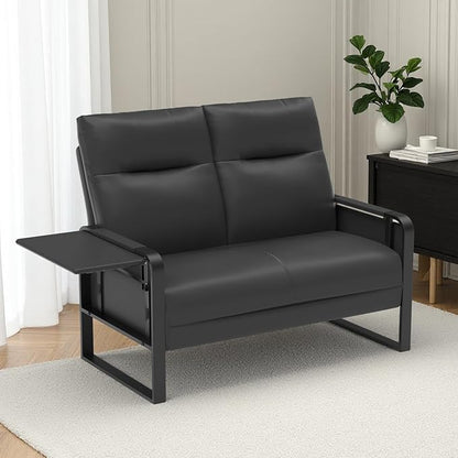 Faux Leather Loveseat, Upholstered Loveseat with Side Tray Table & Storage Pocket, Small Loveseat for Living Room, Modern 2 Seater Sofa Couch for Small Spaces, Bedroom, Black