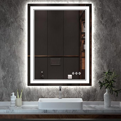 LED Mirror, 28x36 Inch Gradient Front and Backlight Lighted Mirror, 3 Colors Dimmable CRI>90 Double Lights, IP54 Enhanced Anti-Fog, Hanging Plates Wall Mount LED Bathroom Mirror