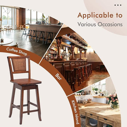 COSTWAY Bar Stools Set of 4, 24.5 Inch Counter Height Bar Stool with Rattan Back, 360°Swivel Seat, Comfortable Footrests, Rubber Wood Bar Stools for Kitchen Island, Dining Room, Cafe, Pub (4)