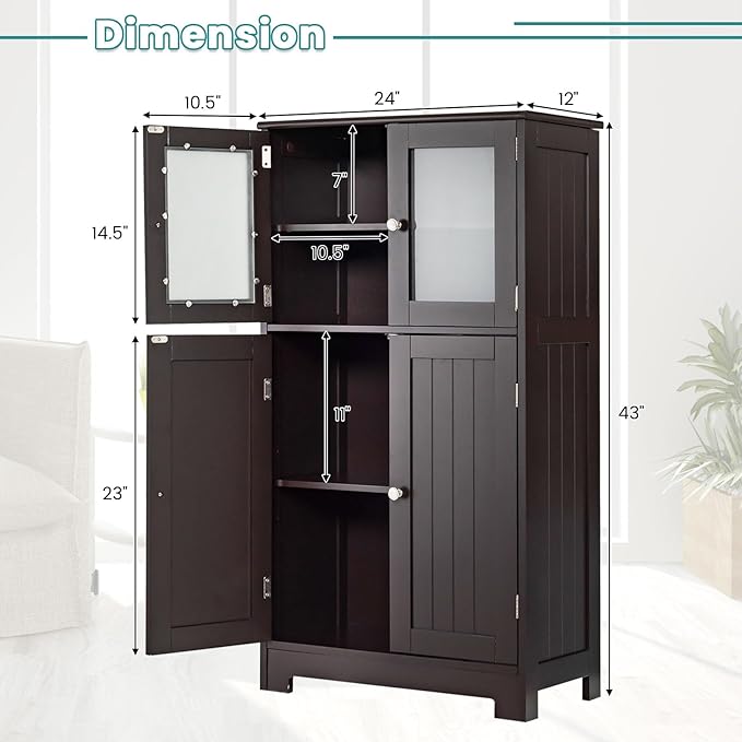 COSTWAY Bathroom Storage Cabinet, Wooden Linen Storage Organizer Cupboard with Doors & Adjustable Shelf, Freestanding Floor Cabinet for Living Room, Kitchen, Entryway, Office (Brown)