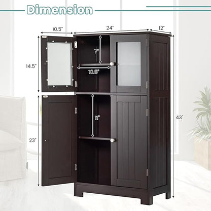 COSTWAY Bathroom Storage Cabinet, Wooden Linen Storage Organizer Cupboard with Doors & Adjustable Shelf, Freestanding Floor Cabinet for Living Room, Kitchen, Entryway, Office (Brown)