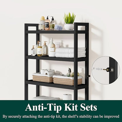 Smiry Over The Toilet Storage Cabinet, 4-Tier Bamboo Bathroom Organizers with Adjustable Shelf & 4 Hooks, Space Saving Shelf Rack for Bathrooms, Laundry Room, Balcony, Black