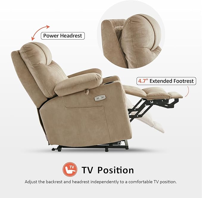 MCombo Small Size Triple Motor Power Lift Recliner Chair Sofa with Massage and Dual Heating, Adjustable Headrest for Elderly People Petite, USB Ports, Extended Footrest, Fabric 7222 (Beige)