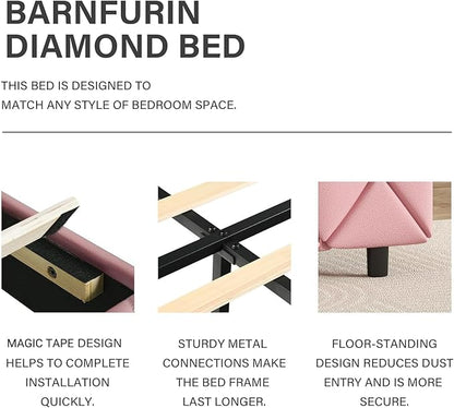 BarnFurin Queen Bed Frame with Headboard, Faux Leather Upholstered Bed with Diamond Tufted Design, Modern Platform Bed Frame, No Box Spring Required, Easy Assembly, Pink