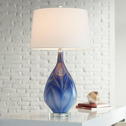 Possini Euro Design Taylor Modern Table Lamp with USB Charging Port 29" Tall Blue Art Glass Tapered White Fabric Drum Shade for Living Room Bedroom House Bedside Home Office (Color May Vary)