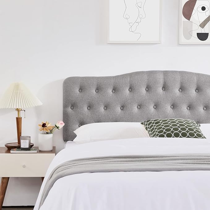Upholstered Twin Headboard, Button Diamond Tufted Headboards with Adjustable Height and Solid Wood Leg, Linen Fabric Padded Headboard for Twin Size Bed, Mordern Head Board, Grey
