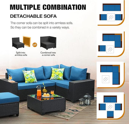 6 Pieces Patio Furniture Set All-Weather Outdoor Wicker Sectional Conversation Sofa Rattan Patio Seating Sofa with Cushion and Glass Table for Porch Poolside,Peacock Blue