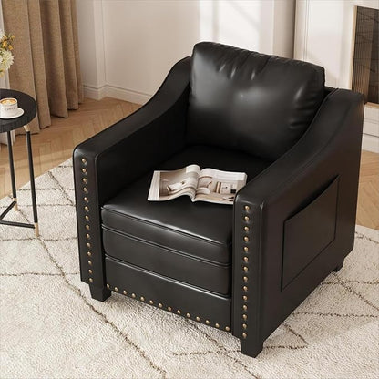 Mid Century Modern Accent Chair, 30 Inches PU Leather Armchairs, Barrel Chair Living Room Chairs Club Chair with Cushion Reading Chair for Bedroom, Apartment, Reading Room, Black