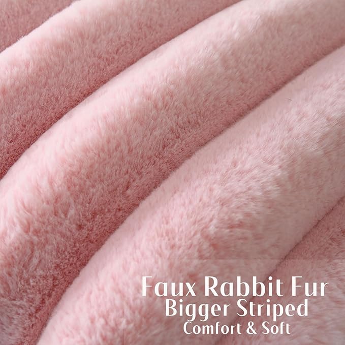 FUTEI Pink Decorative Throw Pillow Covers 16x16 Inch Set of 2, Square Soft Faux Rabbit Fur Thick Striped Cushion Cover,Winter Home Decor for Couch Bed Living Room