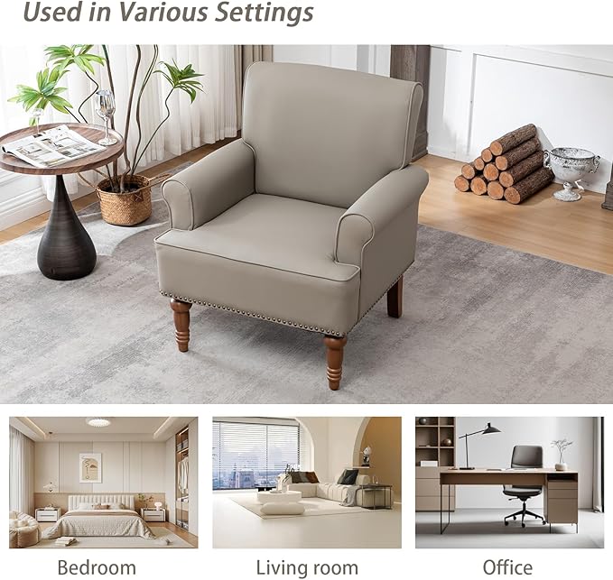 HOMEFLEX Accent Chair, Faux Leather Living Room Chairs with Nailhead Trim, Mid-Century Lounge Armchair with Solid Wood Legs, Comfy Reading Single Sofa for Bedroom, Waiting Room (Grey, 1 Chair)