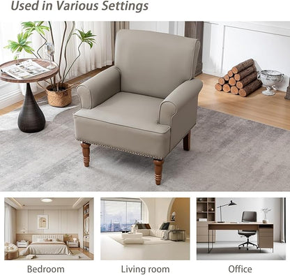 HOMEFLEX Accent Chair, Faux Leather Living Room Chairs with Nailhead Trim, Mid-Century Lounge Armchair with Solid Wood Legs, Comfy Reading Single Sofa for Bedroom, Waiting Room (Grey, 1 Chair)