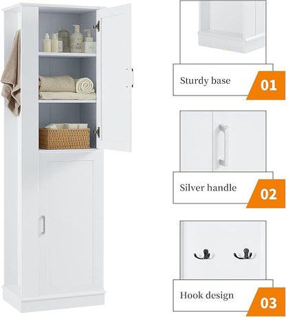 Tall Storage Cabinet, Bathroom Floor Freestanding Storage Cabinet with Hook and Adjustable Shelf for Bathroom, Office, Living Room, White
