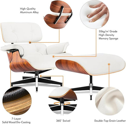 Top Grain Leather, Mid Century Chaise Lounge Chair and Ottoman, Modern Chair Classic Design, Heavy Duty Base Support for Living Room Study Lounge Office, Palisander-White, Heightening