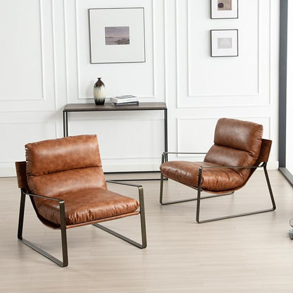 HEAH-YO Modern Accent Chairs Set of 2, Upholstered PU Fuax Leather Living Room Chairs with Bronze Metal Legs, Comfy Arm Side Chairs for Bedroom, Brown