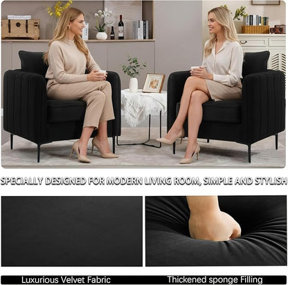 Velvet Accent Chair Set of 2, Comfy Upholstered Single Sofa Chair Mid-Century Modern Armchair with Thick Cushion and Wood Frame Side Chair for Living Room Bedroom Apartment (Black)