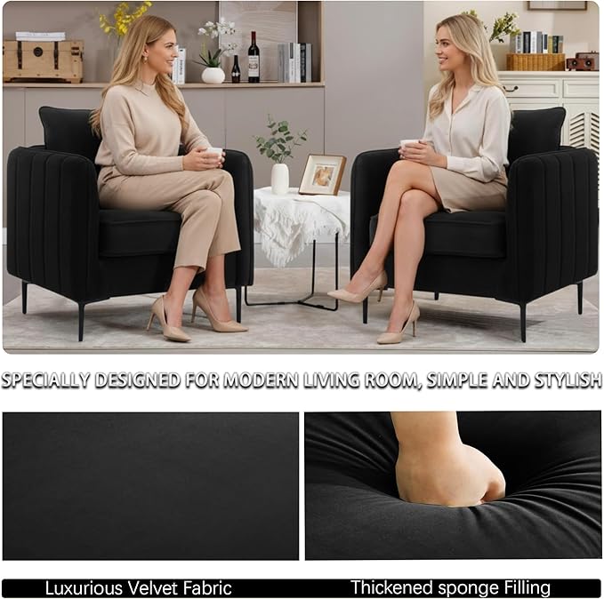Velvet Accent Chair, Comfy Upholstered Single Sofa Chair Mid-Century Modern Armchair with Thick Cushion and Wood Frame Side Chair for Living Room Bedroom Apartment (Black)