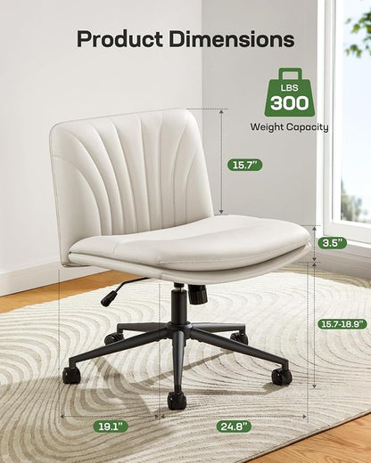 Marsail Armless-Office Desk Chair with Wheels: PU Leather Cross Legged Wide Chair,Comfortable Adjustable Swivel Computer Task Chairs for Home,Office,Make Up,Small Space,Bed Room(Light Beige)