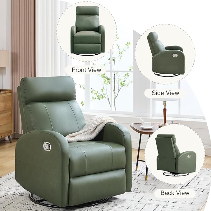 Swivel Rocker Recliner, Faux Leather Rocking Recliner Chair with Manual Adjustable Footrest, Reclining Chair Nursery Glider Recliners for Small Spaces, Living Room, Dark Green