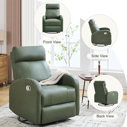 Swivel Rocker Recliner, Faux Leather Rocking Recliner Chair with Manual Adjustable Footrest, Reclining Chair Nursery Glider Recliners for Small Spaces, Living Room, Dark Green