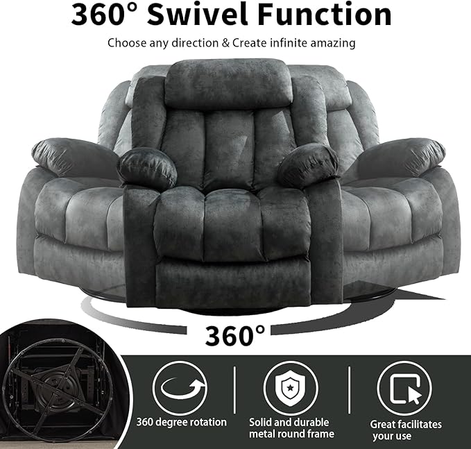 CANMOV Massage Swivel Rocker Recliner Chair with Heat and Vibration, 360 Degree Swivel Manual Recliners Antiskid Fabric Single Sofa Heavy Duty Reclining Chair for Living Room, Grey Green
