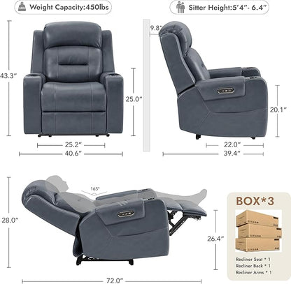 Watson & Whitely Oversized Genuine Leather Power Recliner Chairs for Big and Tall, Extra Wide Lay Flat Recliner with Power Headrest & Cup Holders, Electric Reclining Sofa for Living Room, Navy Blue