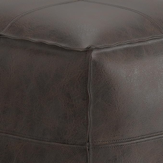 SIMPLIHOME Sheffield Boho Square Pouf in Distressed Dark Brown Leather for the Living Room, Bedroom and Kids Room