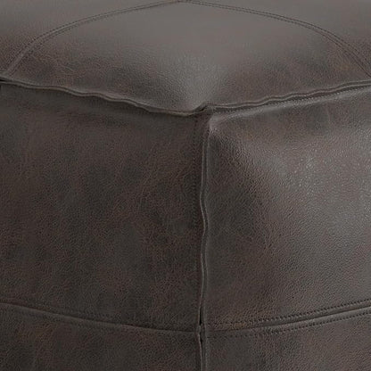 SIMPLIHOME Sheffield Boho Square Pouf in Distressed Dark Brown Leather for the Living Room, Bedroom and Kids Room
