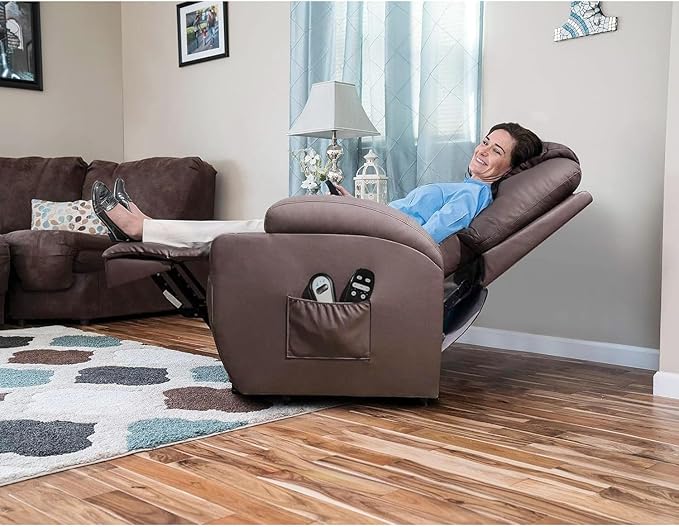 Flamaker Power Lift Recliner Chair Electric Lift Recliner for Elderly Power Lift Recliner Chair with Cup Holders Side Pockets for Living Room (Leather, Brown)