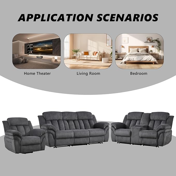 CANMOV Recliner Sofa Set, Oversize Power Lift Recliner Chair, Manual Loveseat and 3-Seat Sofa with Overstuffed Armrest for Living Room,Bedroom Furniture,Office,1+2+3 Seat Grey