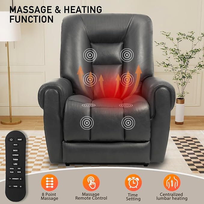 EONIX Four Motor Lay Flat Power Lift Recliner Chair for Elderly, 400lbs Electirc Lift Chair for Living Room, Independent Adjustable Lumbar Support & Headrest, Extended Footrest, Grey