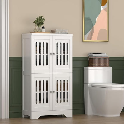 PARTPHONER Bathroom Floor Storage Cabinet with Cabinet Lights, Modern Storage Cabinet with 4 Doors and Adjustable Shelves, Buffer Hinges, White Pantry Cabinet for Living Room & Kitchen