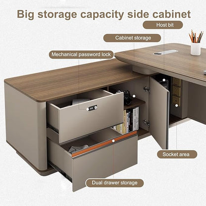 86IN L Shaped Executive Desk - Executive Office Desk with Side Cabinet & Grille Front Baffle & Embedded LED Strip & Mechanical Password Lock & Double-Layer Countertop & Gold Foot Pad