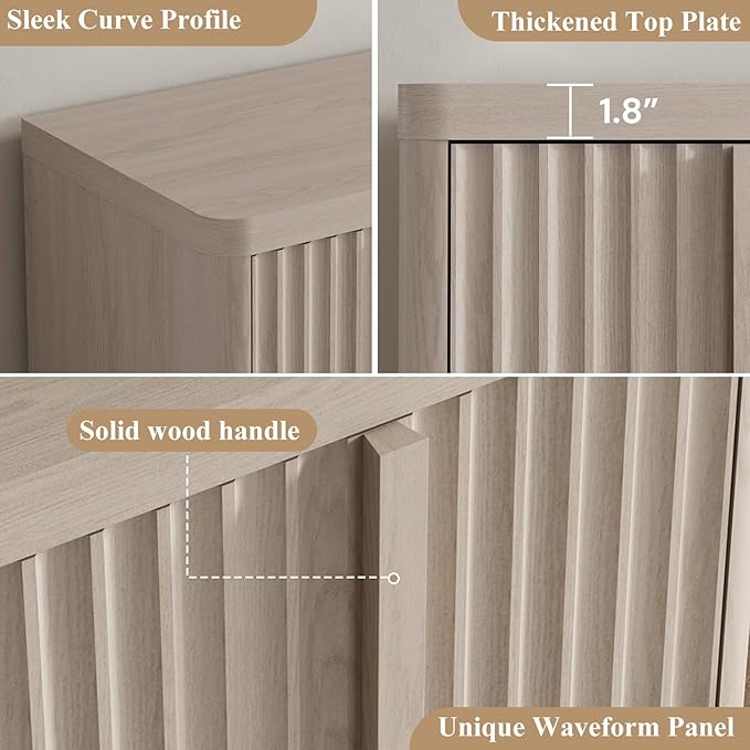 Fluted Buffet Cabinet with Storage, 60"Sideboard Buffet Cabinet with 4 Door-Modern Credenza Storage Cabinets with Adjustable Shelves, Solid Wood Handles for Kitchen Living Room, White Alder(1PC)