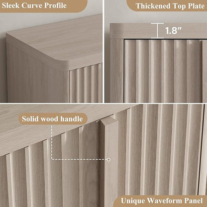 Fluted Buffet Cabinet with Storage, 120" Sideboard Buffet Cabinet with 8 Door-Modern Credenza Storage Cabinets with Adjustable Shelves, Solid Wood Handles for Kitchen, Living Room, White Alder(2PC)