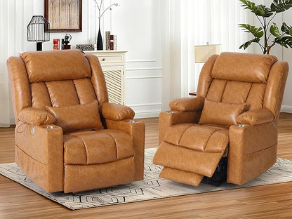 ABCASA Oversized Zero Gravity Power Lift Recliner Chair for Elderly Set of 2, Wide Dual Motor Recliners, Heat & Massage, Charging Ports, Cup Holders, Extended Footrest, PU Leather, Orange Brown