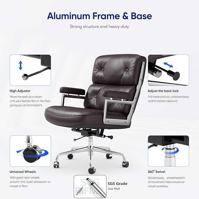 Genuine Leather Office Chair, Mid Back Executive Desk Chairs with Aluminum Arms and Wheels, Swivel Office Leather Chair with Thickened Backrest and Ergonomic Lumbar Support, Brown