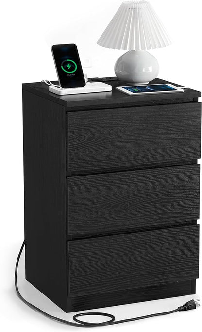 VASAGLE Nightstand with Charging Station, 2 AC Outlets and 2 USB Ports, Bedside Table, Side Table with 3 Drawers, Modern Style, 13.8 x 15.7 x 23.2 Inches, Ebony Black ULET631B58