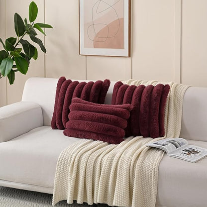 FUTEI Christmas Burgundy Decorative Throw Pillow Covers 20x20 Inch Set of 2, Square Soft Faux Rabbit Fur Thick Striped Cushion Cover,Winter Home Decor for Couch Bed Living Room