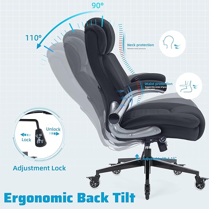Large High Back Office Chair with Flip Arms- Executive Desk Chair with Locking Wheels, Adjustable Lumbar Support, Ergonomic Breathable Fabric Computer Chair Prevents Cats Scratching