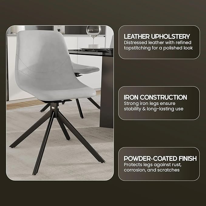 LeisureMod Markley Swivel Leather Dining Side Chair with Durable Iron Legs – Comfortable Accent Chair for Kitchen, Dining Room, or Office Set of 4