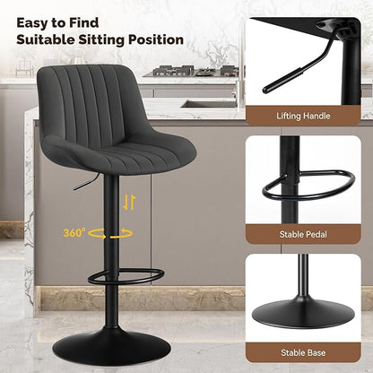 Nalupatio Bar Stools Set of 4, Adjustable Modern Swivel Bar Stools with Backs, Counter Height Performance Fabric Island Chairs for Home Kitchen, Black