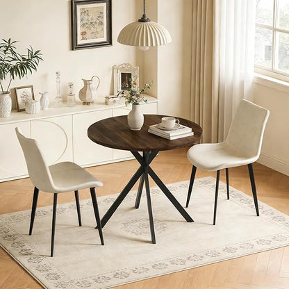 31.5" Round Dining Table and Chairs Set for 2, Small Dining Table Chairs Set Space-Saving, Small Dinette Sets for 2 for Kitchen Dining Room Apartment(Walnut Table + Beige Chairs)