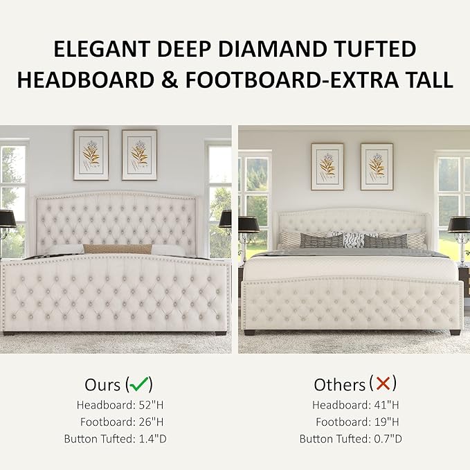 AMERLIFE California King Size Platform Bed Frame, Velvet Upholstered Bed with Deep Button Tufted & Nailhead Trim Wingback Headboard/No Box Spring Needed, Cream