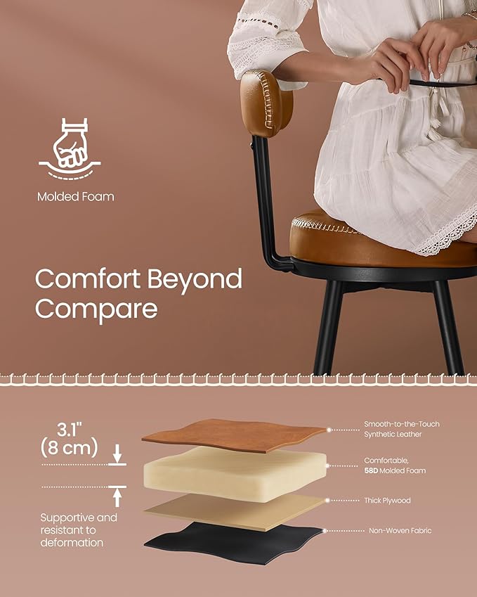 VASAGLE EKHO Collection - Bar Stools Set of 2, Swivel Bar Height Bar Stools with Back, Synthetic Leather with Stitching, Mid-Century Modern, 30-Inch Tall Barstools for Kitchen Home Bar, Caramel Brown