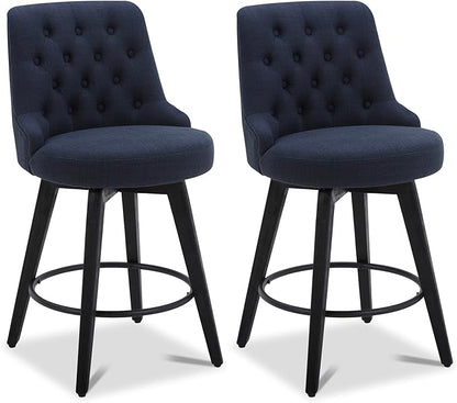 Watson & Whitely Modern Swivel Bar Stools, Performance Fabric Upholstered Counter Height Bar Stool with Back, Solid Wood Legs, 26" H Seat, Set of 2, Insignia Blue