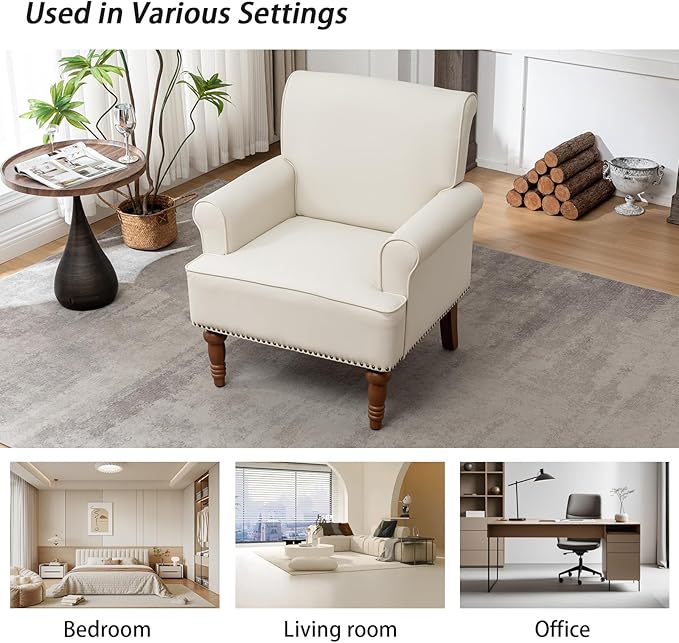 HOMEFLEX Accent Chair, Faux Leather Living Room Chairs with Nailhead Trim, Mid-Century Lounge Armchair with Solid Wood Legs, Comfy Reading Single Sofa for Bedroom, Waiting Room (White, 1 Chair)